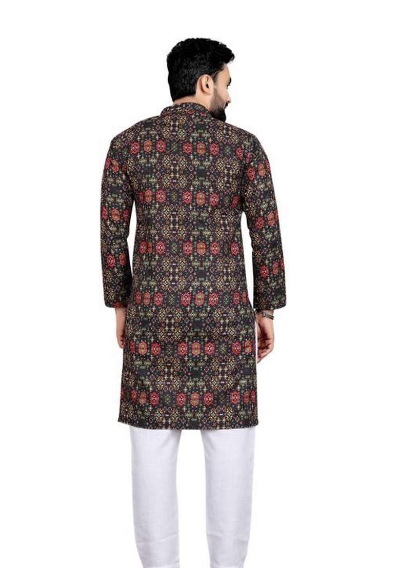 Black Embroidered Cotton Kurta Set For Men - Indya