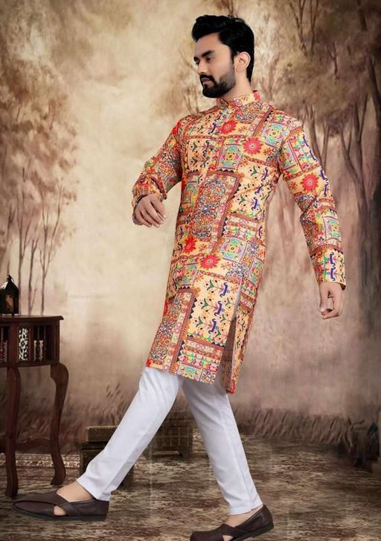 Multicolor Embroidered Cotton Kurta Set For Men - Indya