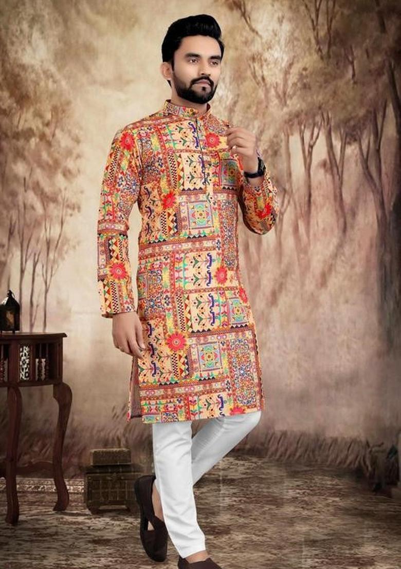 Multicolor Embroidered Cotton Kurta Set For Men