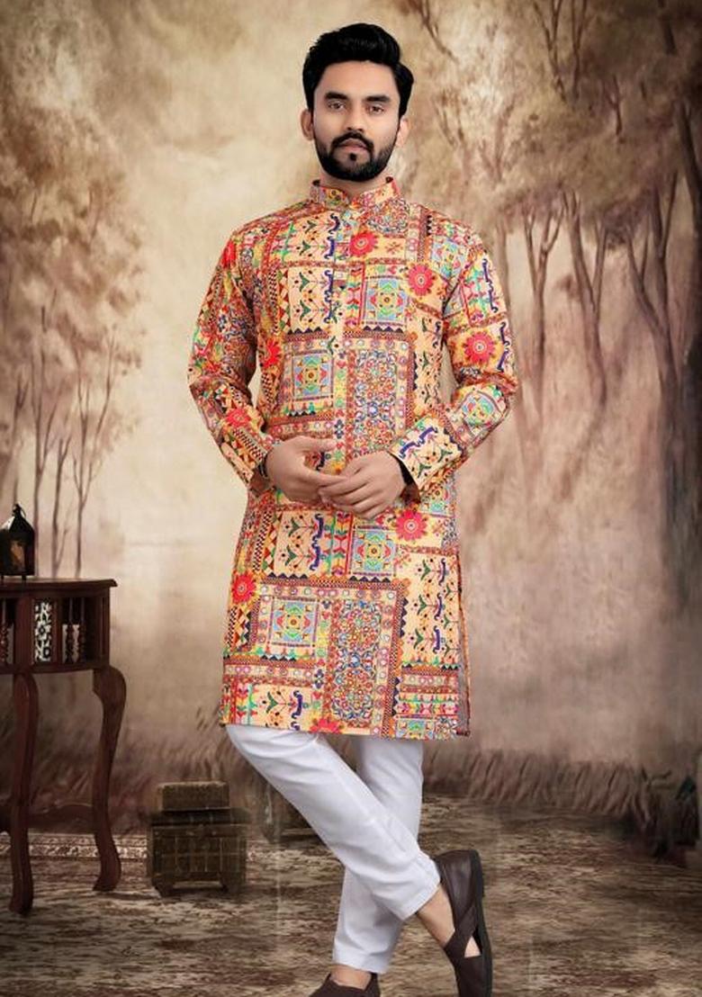 Multicolor Embroidered Cotton Kurta Set For Men