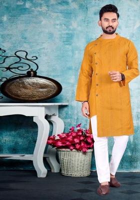 Yellow Embroidered Cotton Kurta Set For Men
