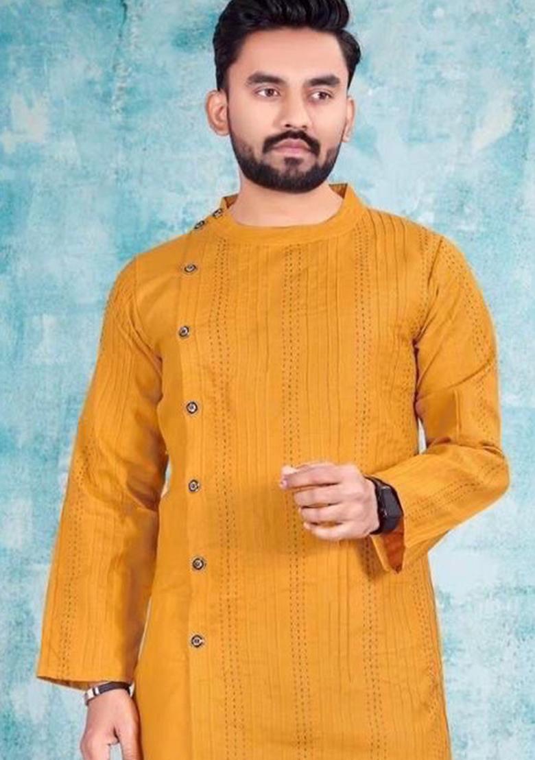 Yellow Embroidered Cotton Kurta Set For Men