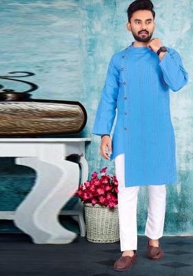 Blue Embroidered Cotton Kurta Set For Men