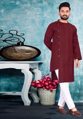 Maroon Embroidered Cotton Kurta Set For Men
