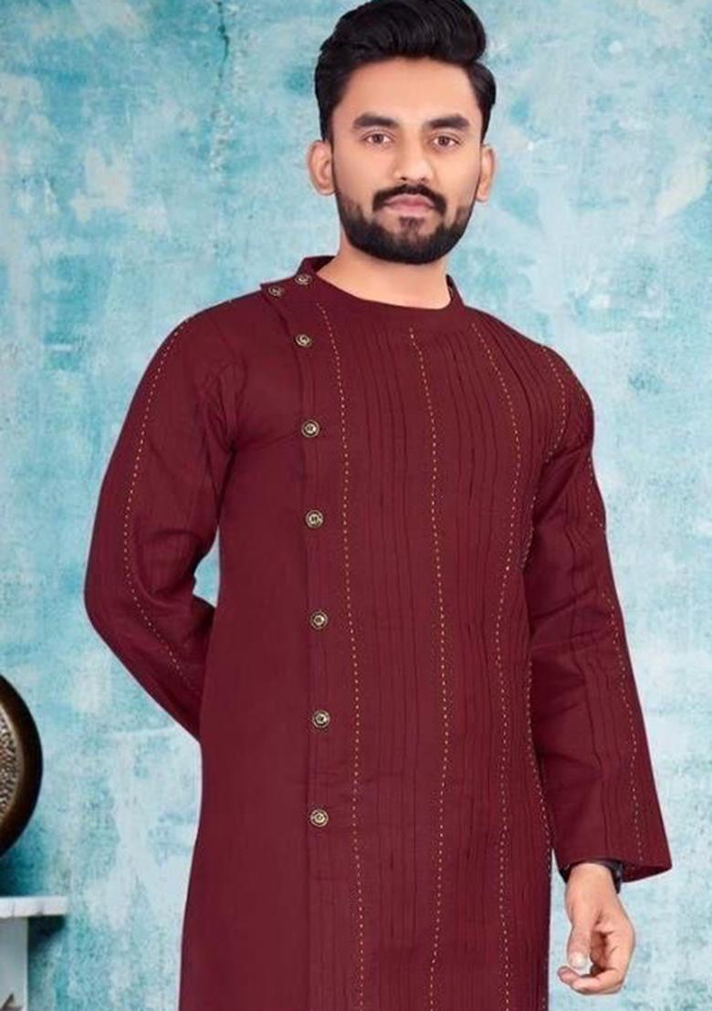 Maroon Embroidered Cotton Kurta Set For Men