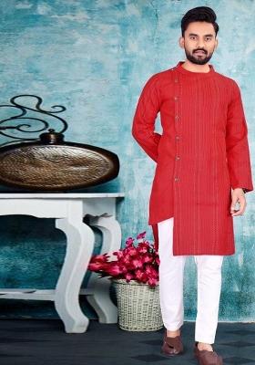Red Embroidered Cotton Kurta Set For Men