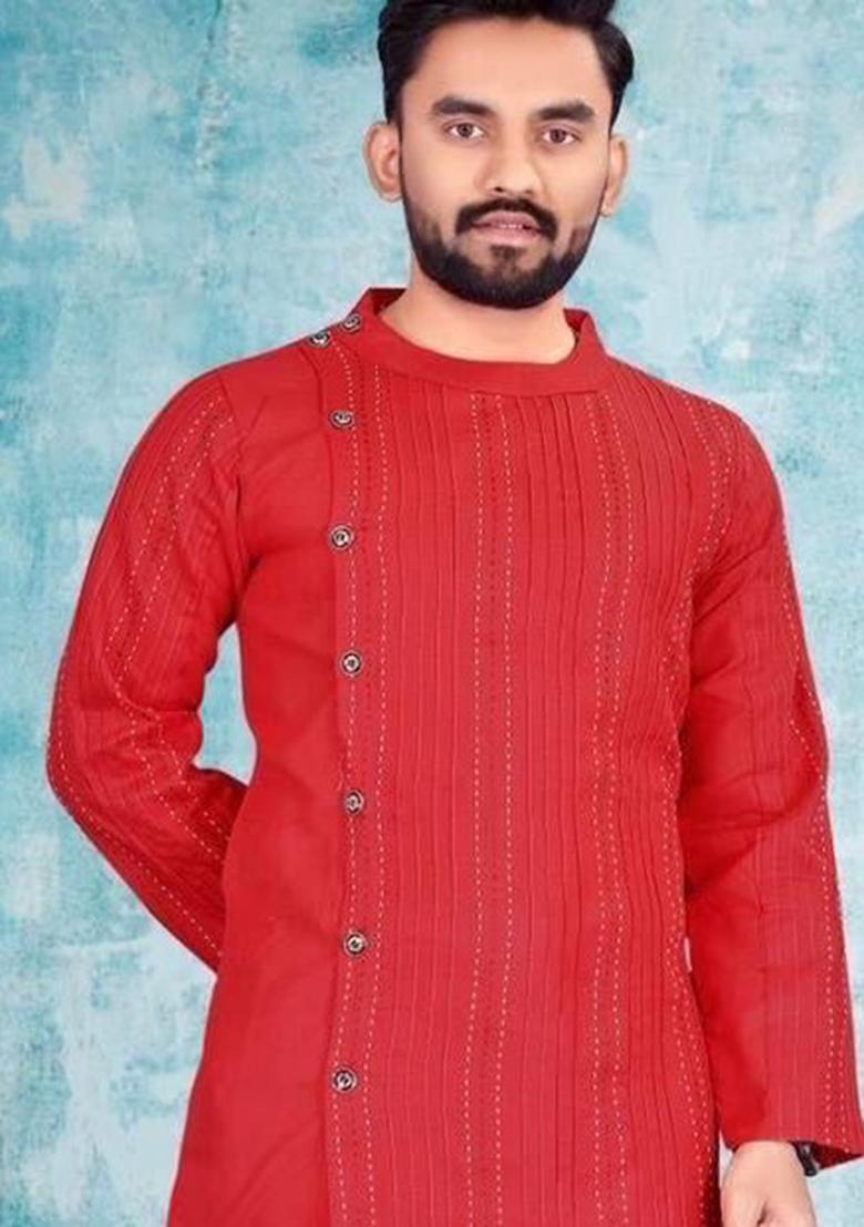 Red Embroidered Cotton Kurta Set For Men