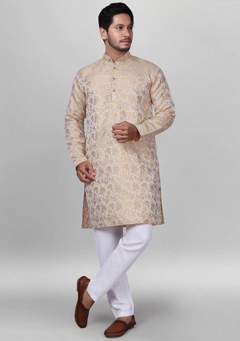 Gold Self Design Jacquard Kurta Set For Men