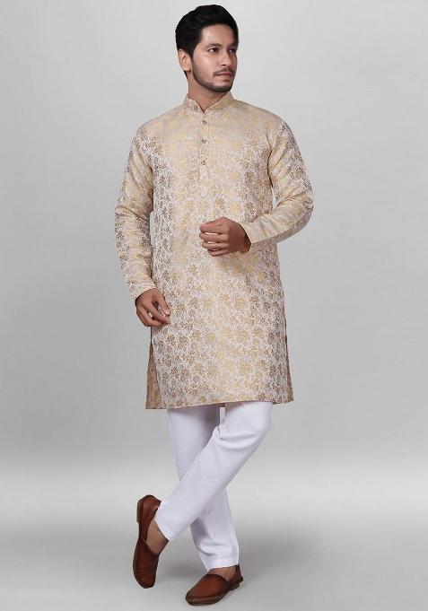 Gold Self Design Jacquard Kurta Set For Men