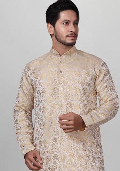 Gold Self Design Jacquard Kurta Set For Men
