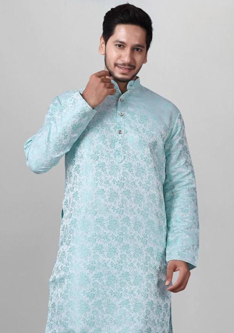 Blue Self Design Jacquard Kurta Set For Men