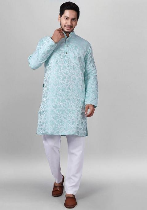 Blue Self Design Jacquard Kurta Set For Men