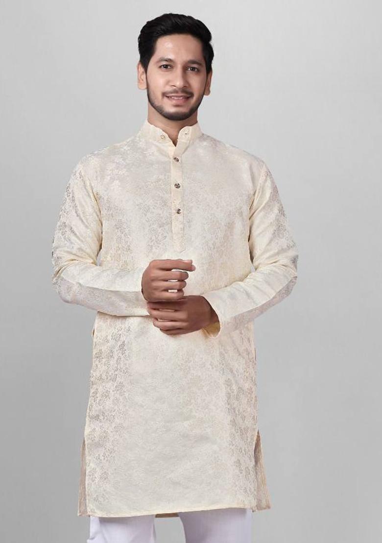 White Self Design Jacquard Kurta Set For Men
