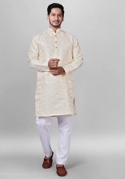 White Self Design Jacquard Kurta Set For Men