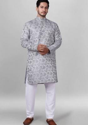 Grey Self Design Jacquard Kurta Set For Men