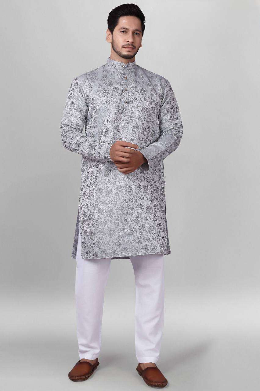 Grey Self Design Jacquard Kurta Set For Men - Indya