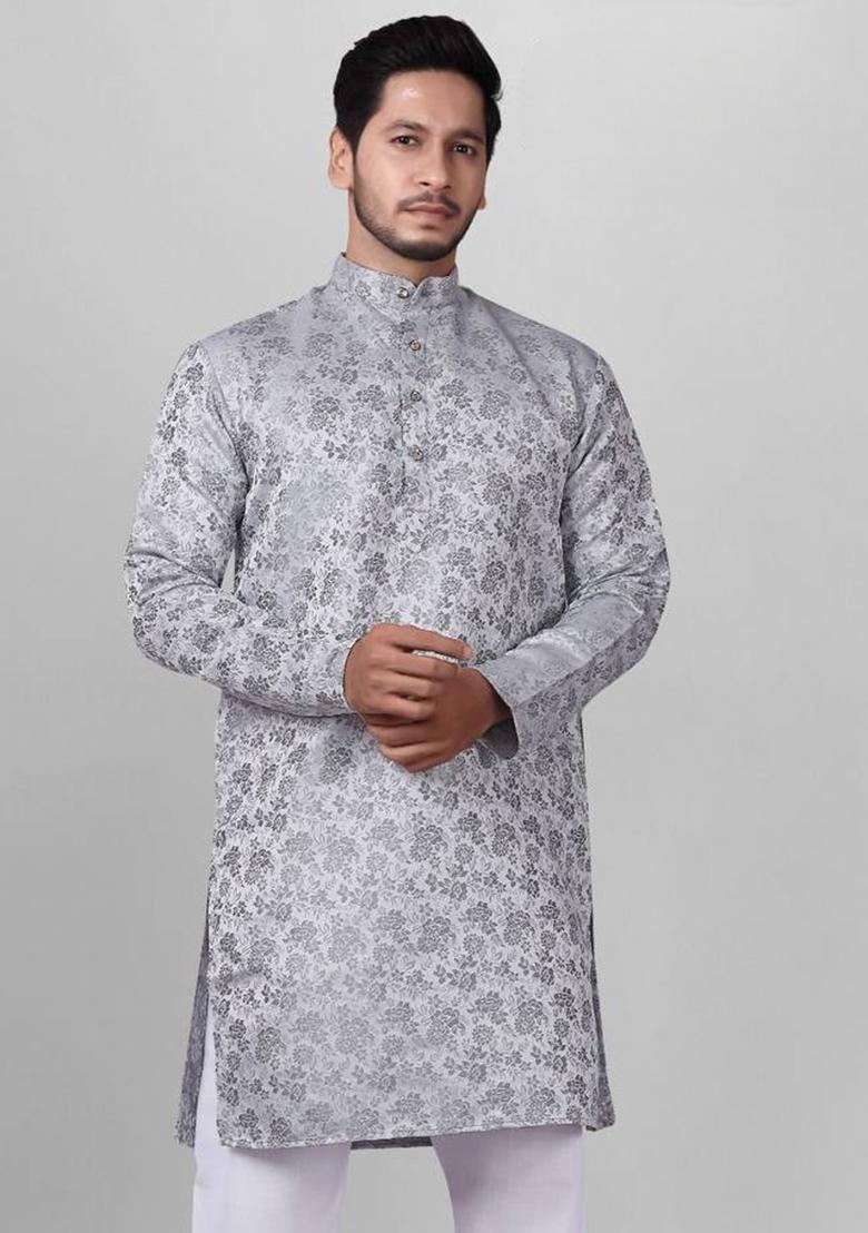 Grey Self Design Jacquard Kurta Set For Men