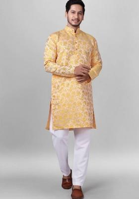 Yellow Self Design Jacquard Kurta Set For Men