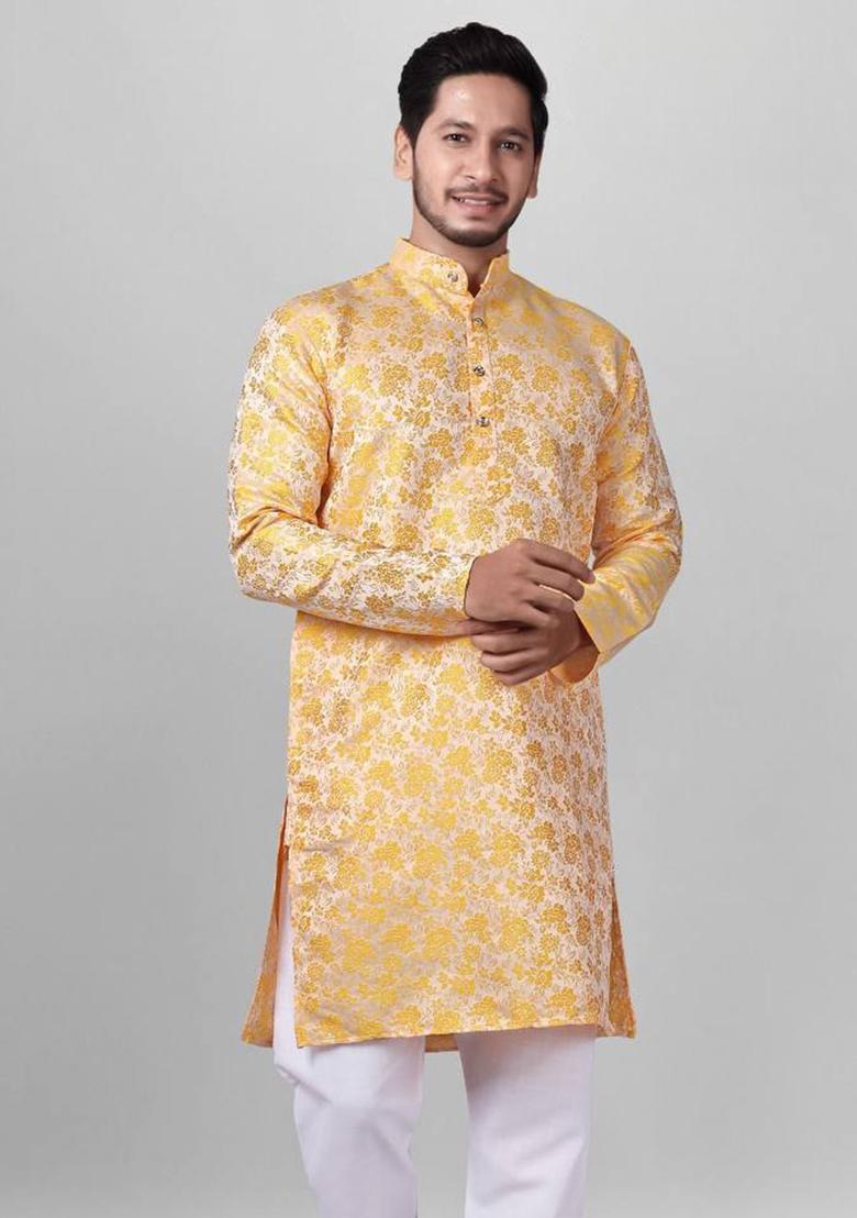Yellow Self Design Jacquard Kurta Set For Men
