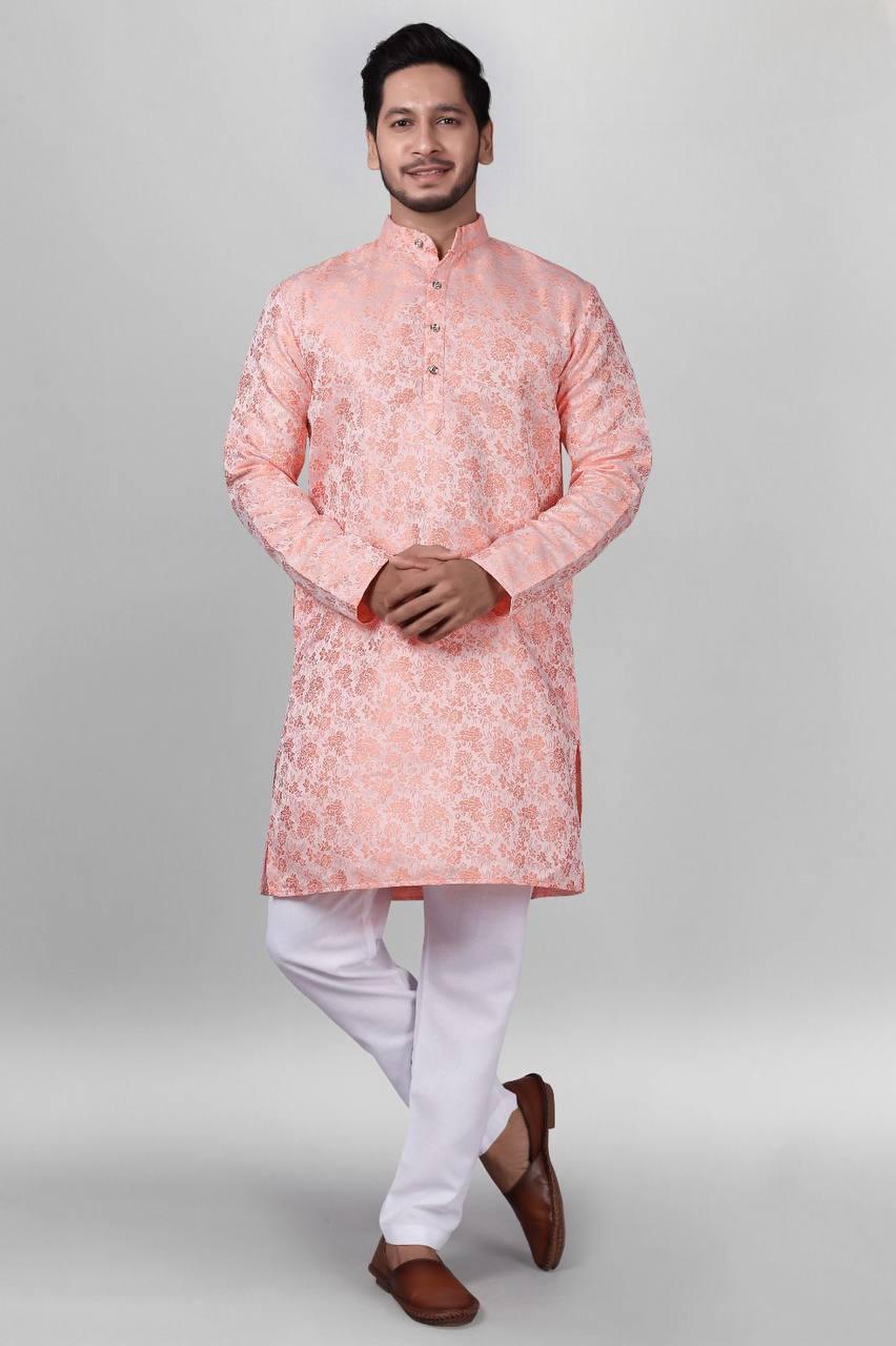 Orange Self Design Jacquard Kurta Set For Men