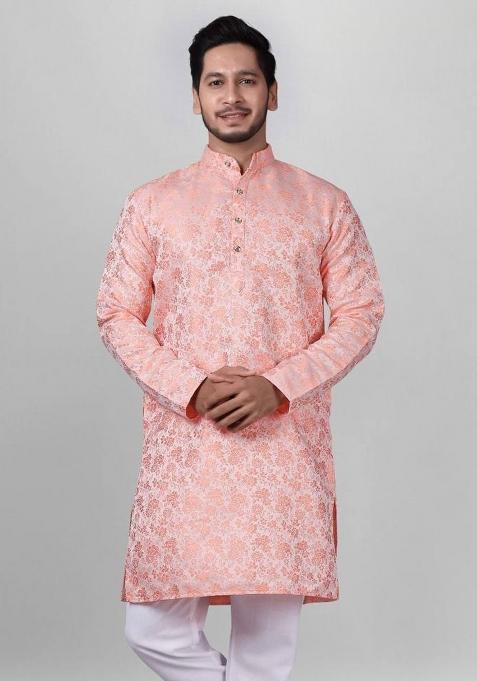 Orange Self Design Jacquard Kurta Set For Men