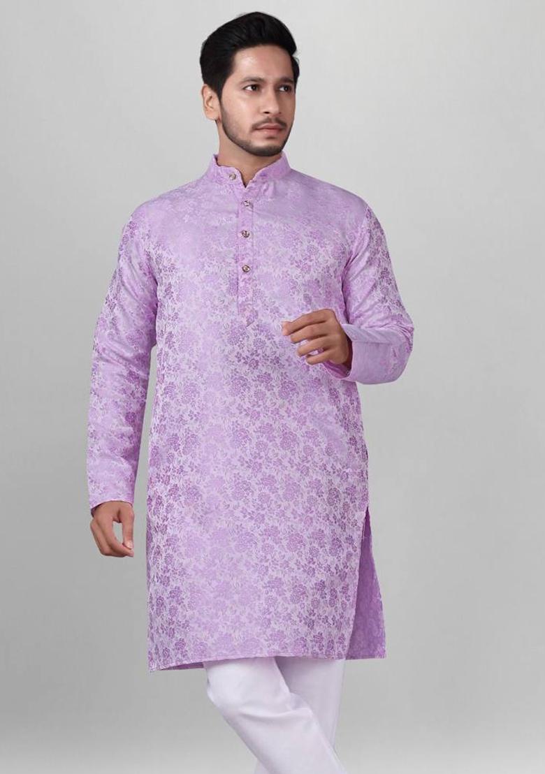 Purple Self Design Jacquard Kurta Set For Men