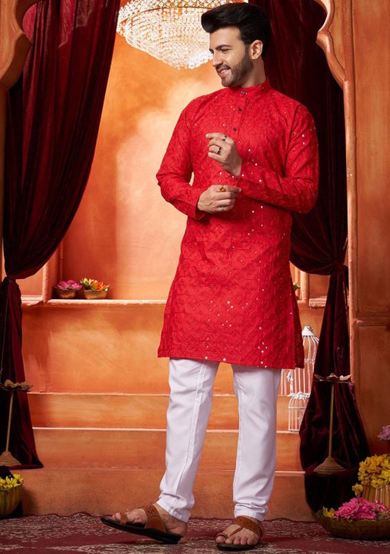 Red Embroidered Cotton Kurta Set For Men