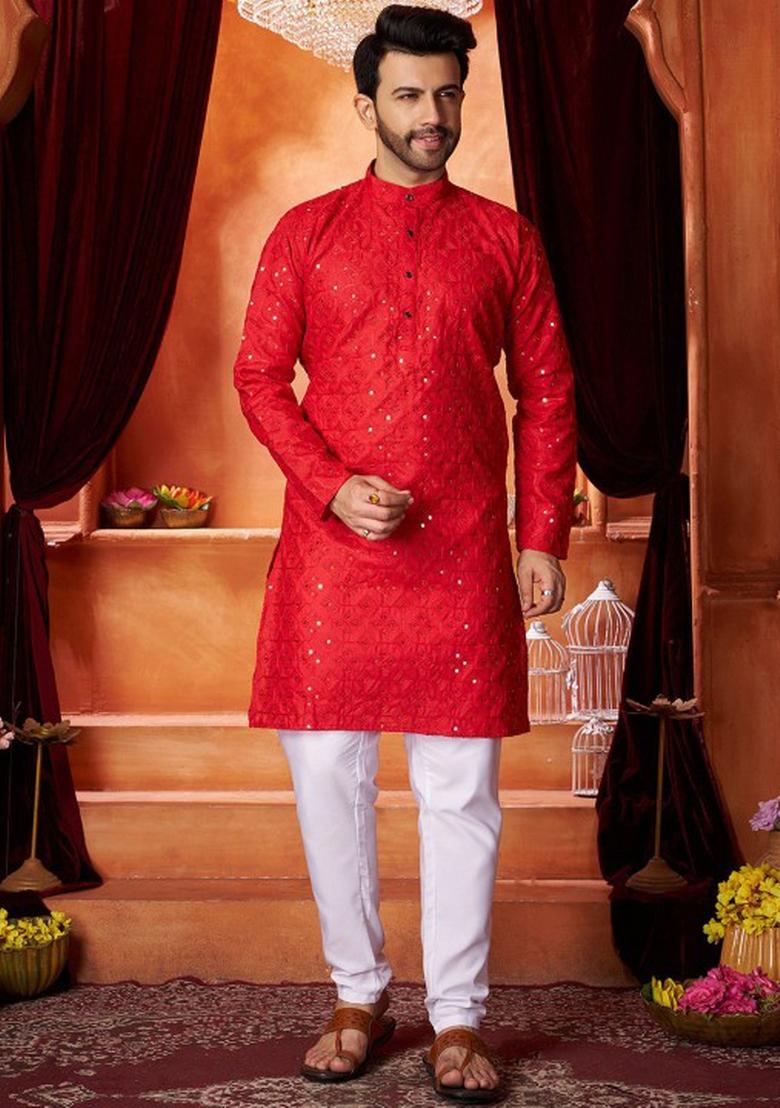Red Embroidered Cotton Kurta Set For Men
