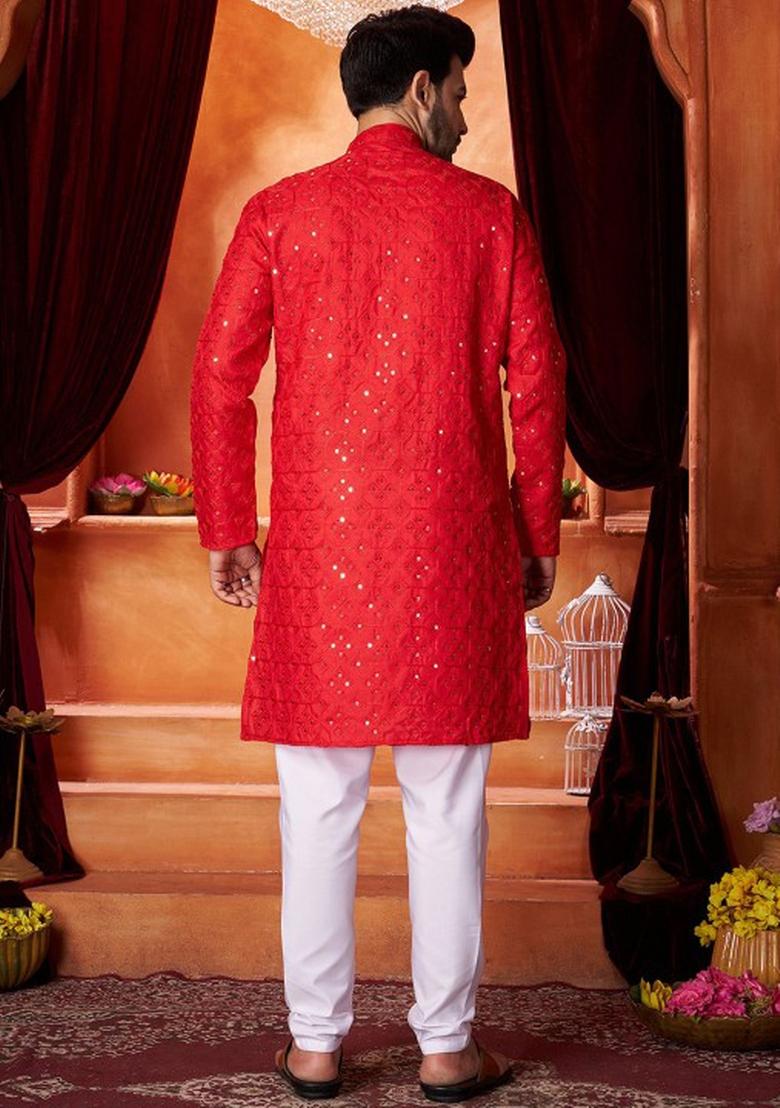 Red Embroidered Cotton Kurta Set For Men