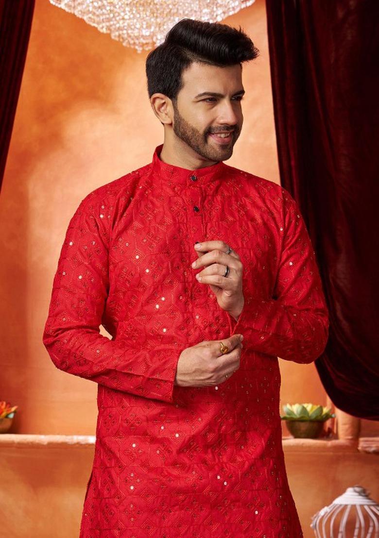 Red Embroidered Cotton Kurta Set For Men