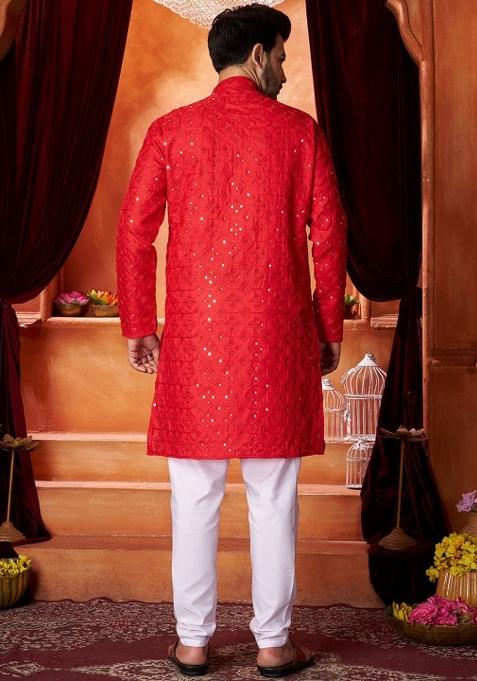 Red Embroidered Cotton Kurta Set For Men