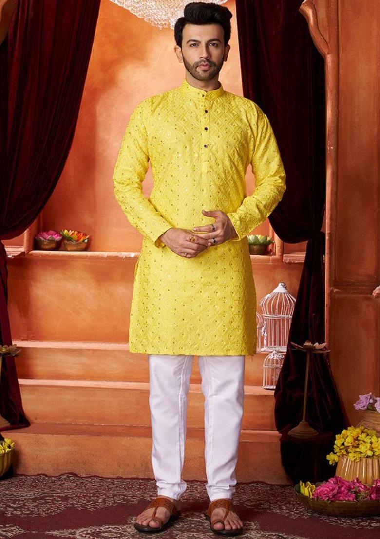 Yellow Embroidered Cotton Kurta Set For Men