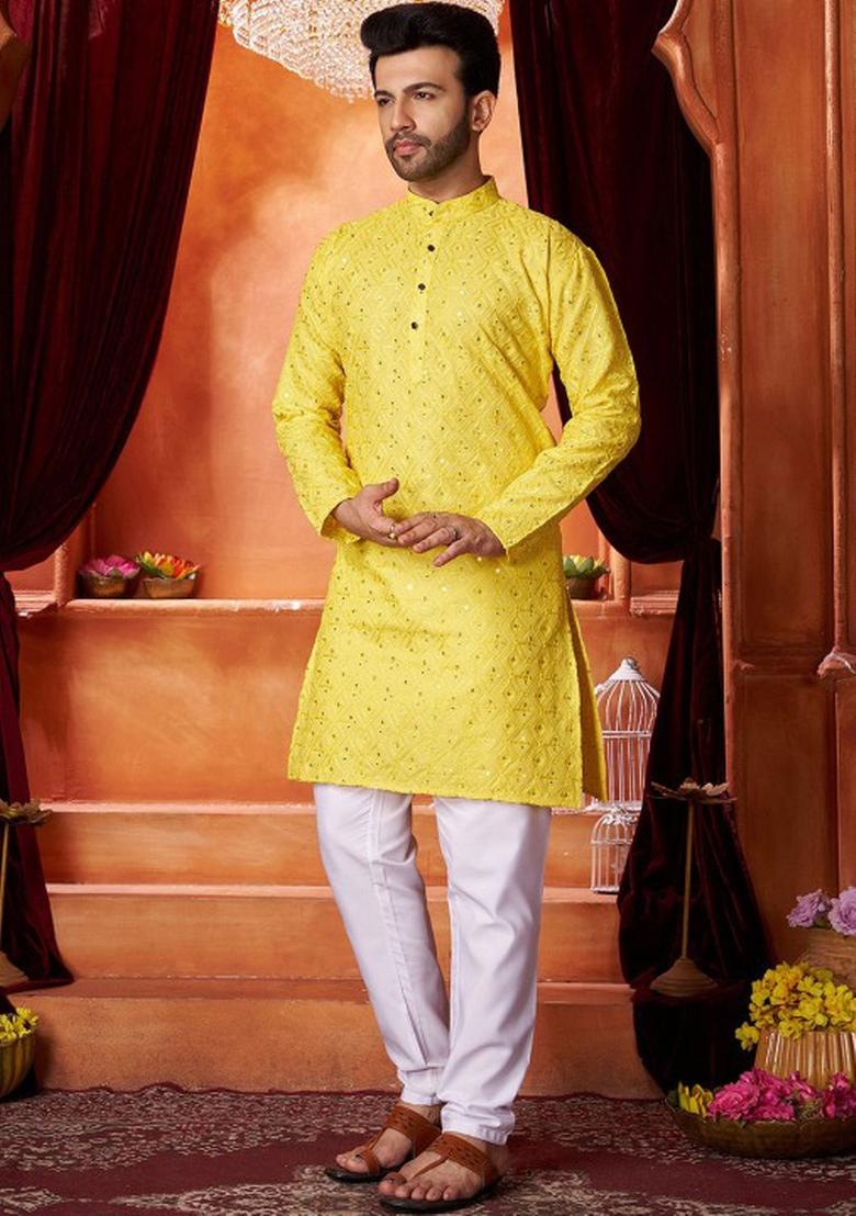 Yellow Embroidered Cotton Kurta Set For Men
