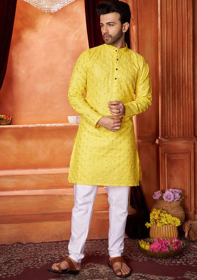 Yellow Embroidered Cotton Kurta Set For Men