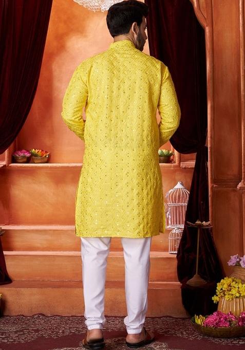 Yellow Embroidered Cotton Kurta Set For Men