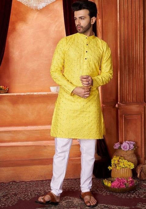 Yellow Embroidered Cotton Kurta Set For Men