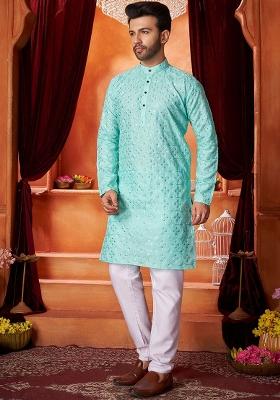 Sea Green Embroidered Cotton Kurta Set For Men