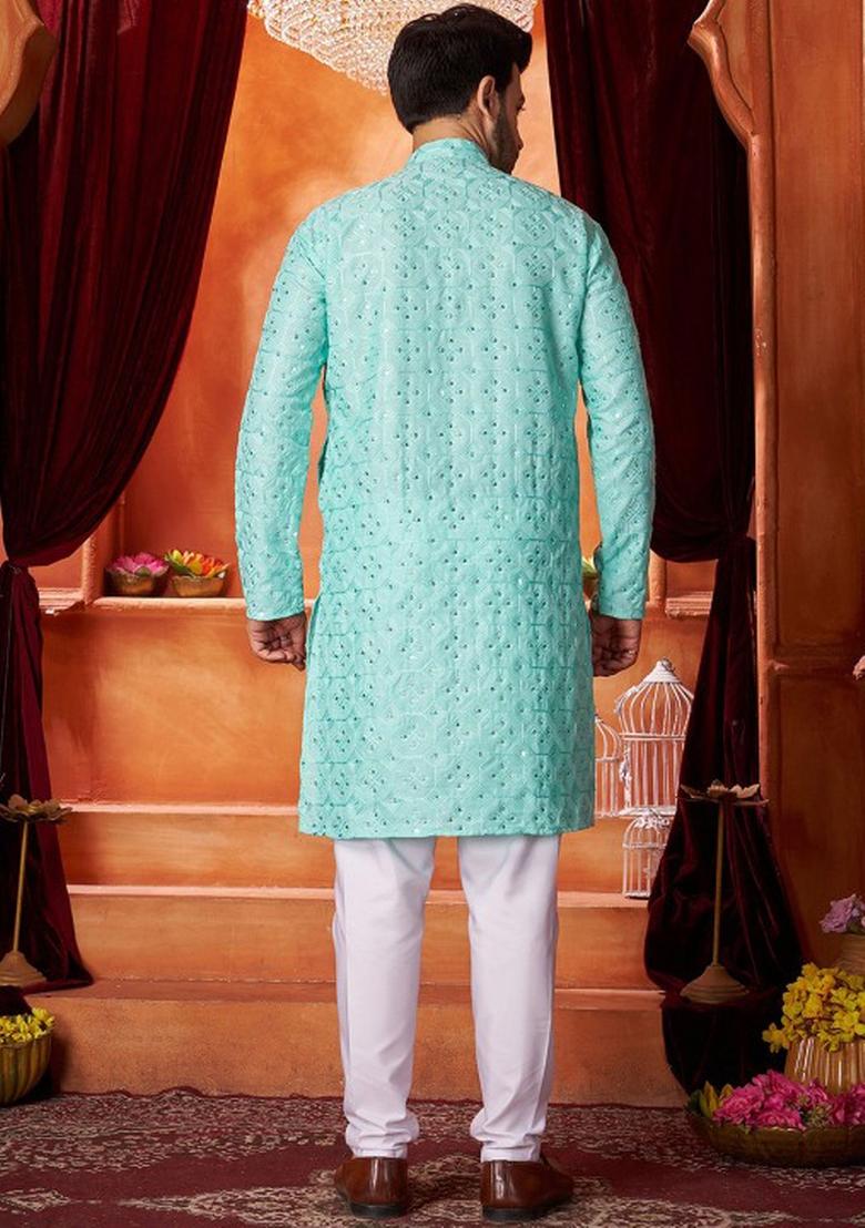 Sea Green Embroidered Cotton Kurta Set For Men