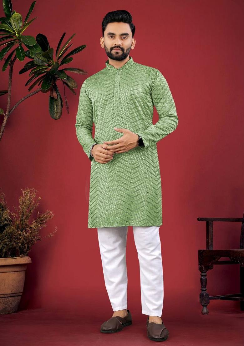 Green Embroidered Viscose Kurta Set For Men