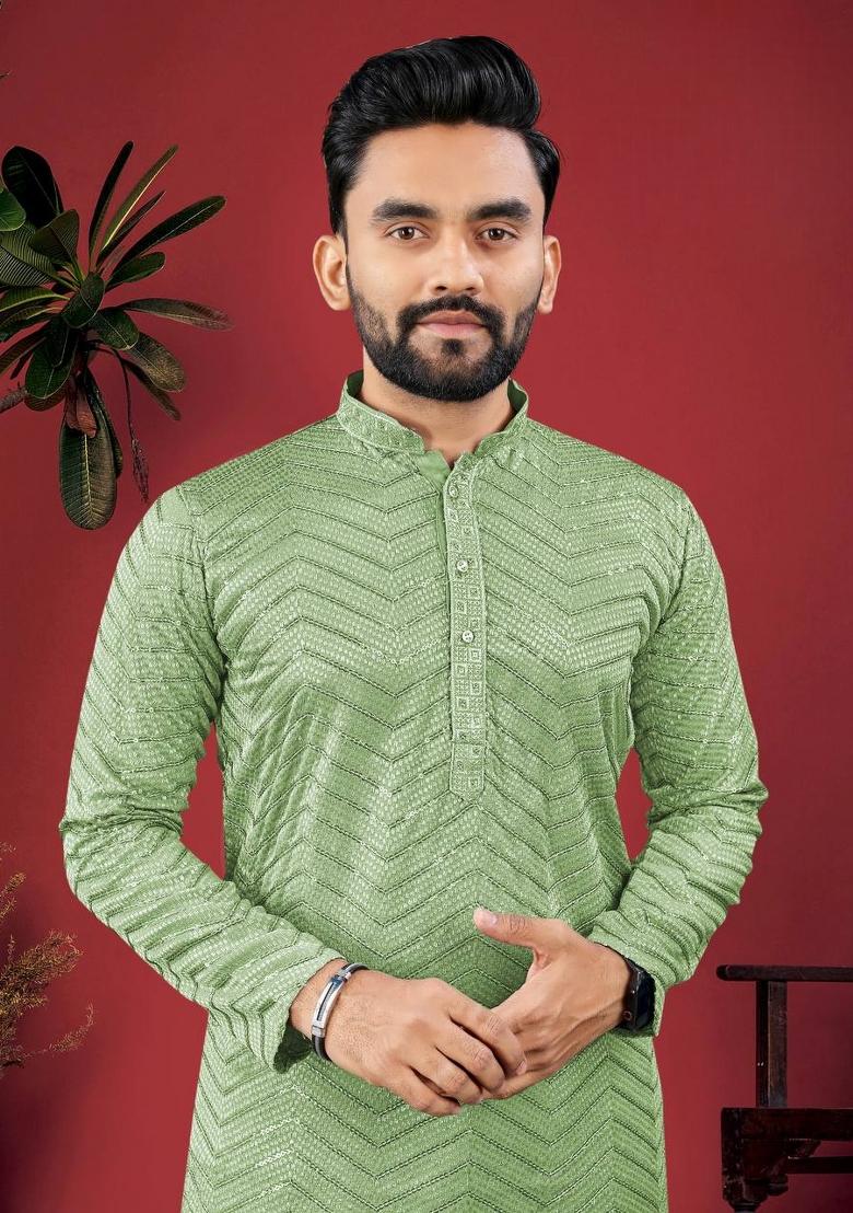Green Embroidered Viscose Kurta Set For Men