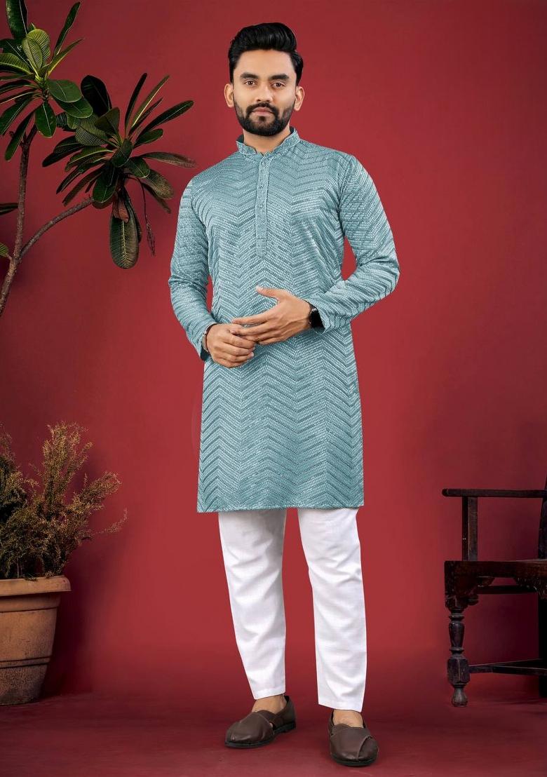 Teal Blue Embroidered Viscose Kurta Set For Men