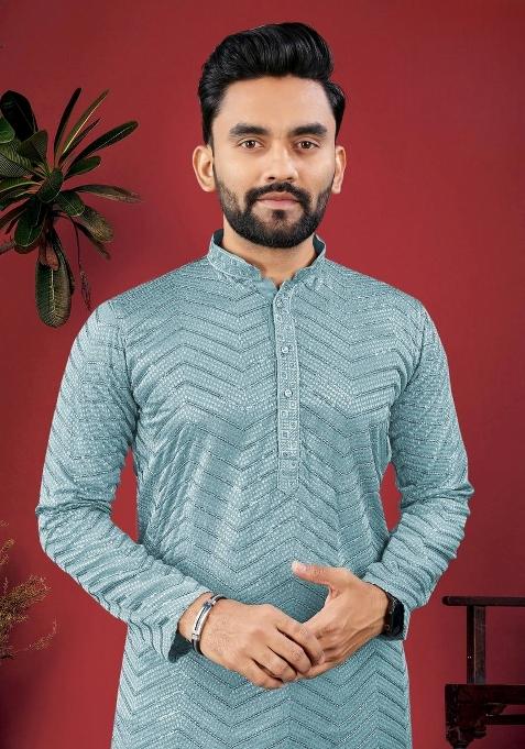 Teal Blue Embroidered Viscose Kurta Set For Men