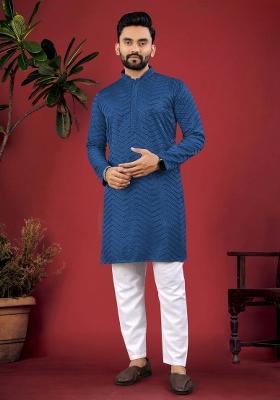 Navy Blue Embroidered Viscose Kurta Set For Men