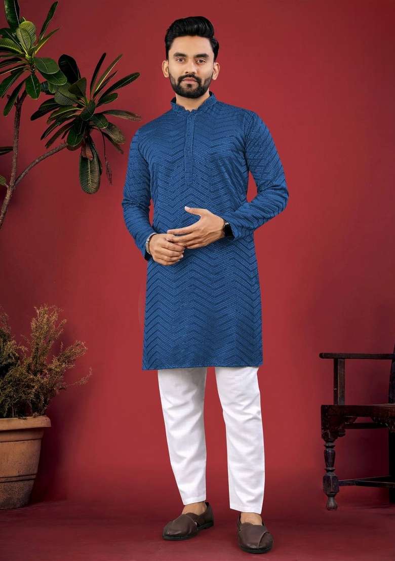 Navy Blue Embroidered Viscose Kurta Set For Men - Indya