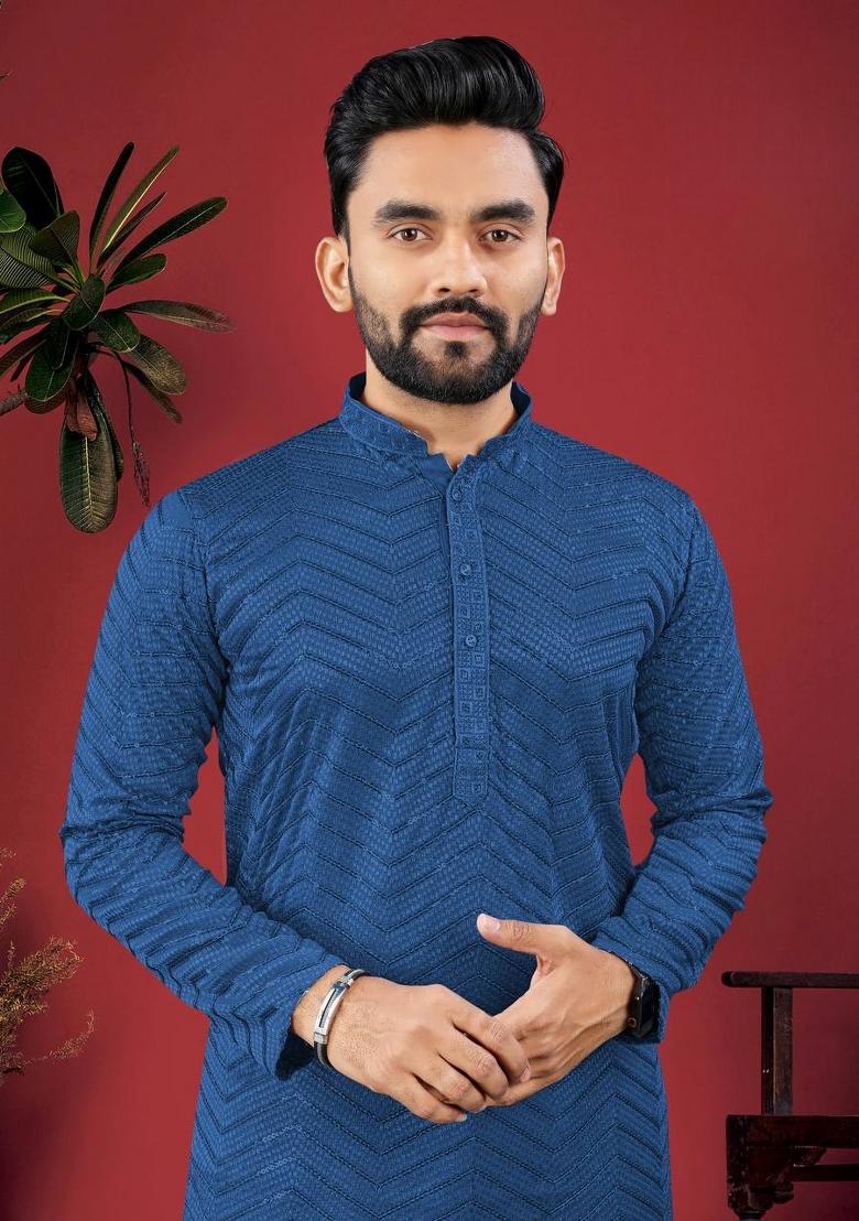 Navy Blue Embroidered Viscose Kurta Set For Men