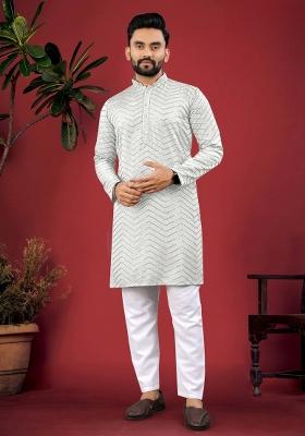 White Embroidered Viscose Kurta Set For Men