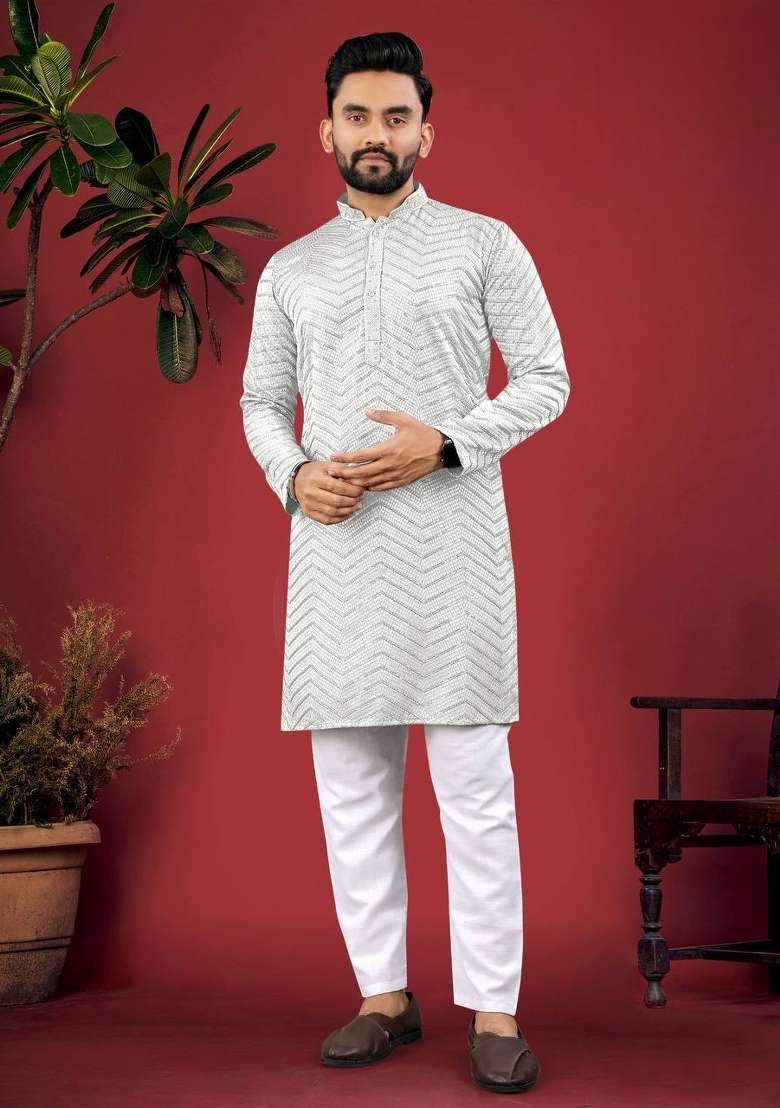 White Embroidered Viscose Kurta Set For Men - Indya