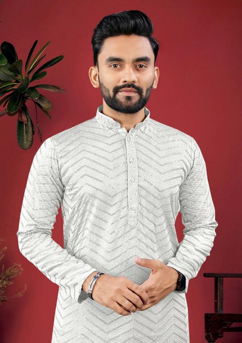 White Embroidered Viscose Kurta Set For Men