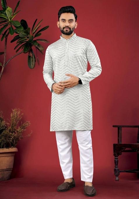 White Embroidered Viscose Kurta Set For Men