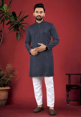 Liight Black Embroidered Viscose Kurta Set For Men